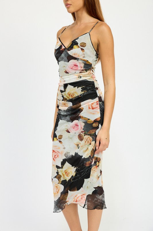 FLOWER GARDEN RUCHED MIDI V NECK DRESS