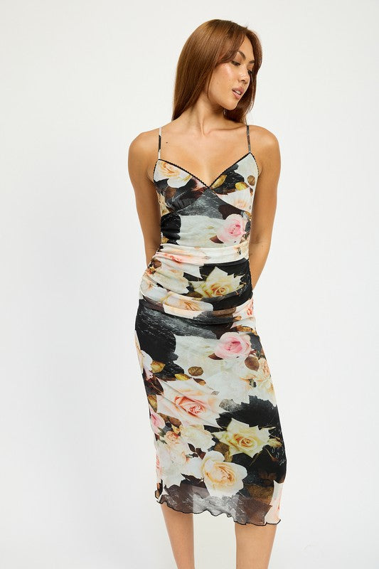 FLOWER GARDEN RUCHED MIDI V NECK DRESS