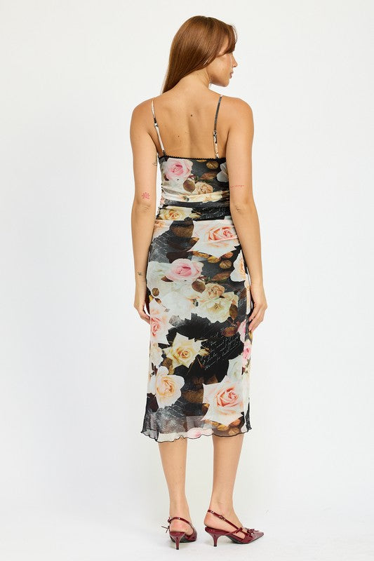 FLOWER GARDEN RUCHED MIDI V NECK DRESS