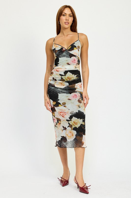 FLOWER GARDEN RUCHED MIDI V NECK DRESS