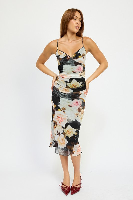 FLOWER GARDEN RUCHED MIDI V NECK DRESS