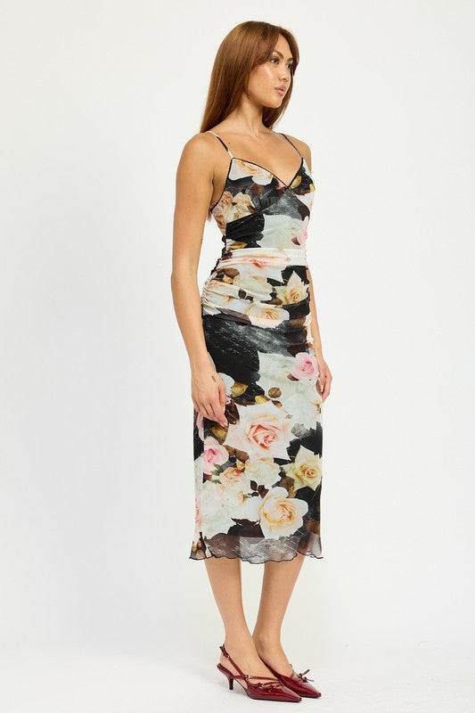 FLOWER GARDEN RUCHED MIDI V NECK DRESS