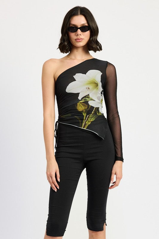 FLORAL MESH ONE SLEEVE ASYMMETRICAL TOP