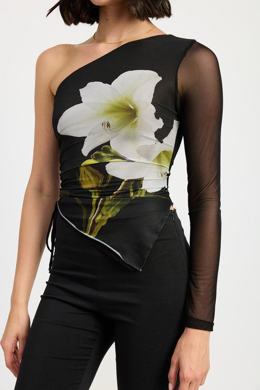 FLORAL MESH ONE SLEEVE ASYMMETRICAL TOP