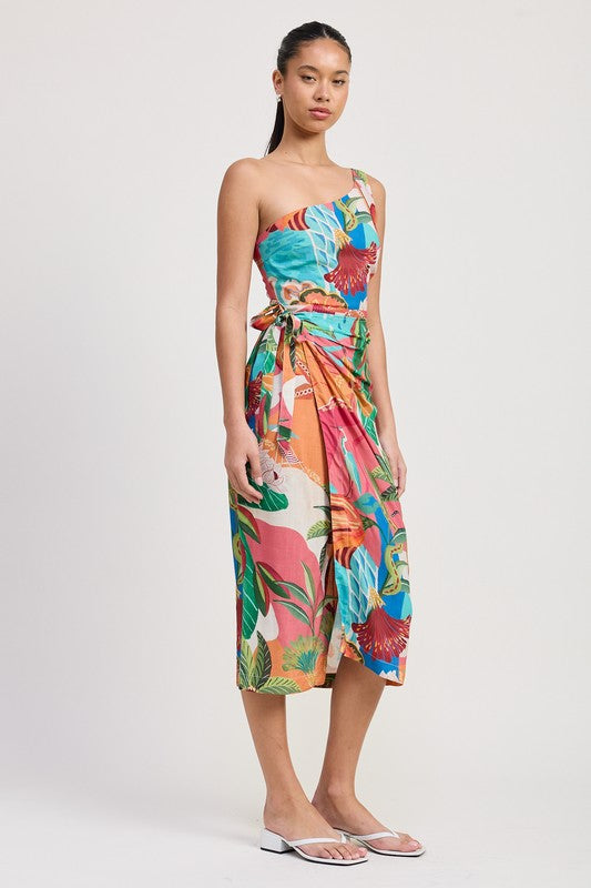 TROPICAL ONE SHOULDER WRAPPED MIDI DRESS