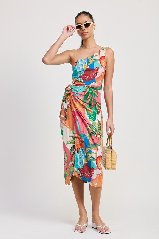 TROPICAL ONE SHOULDER WRAPPED MIDI DRESS