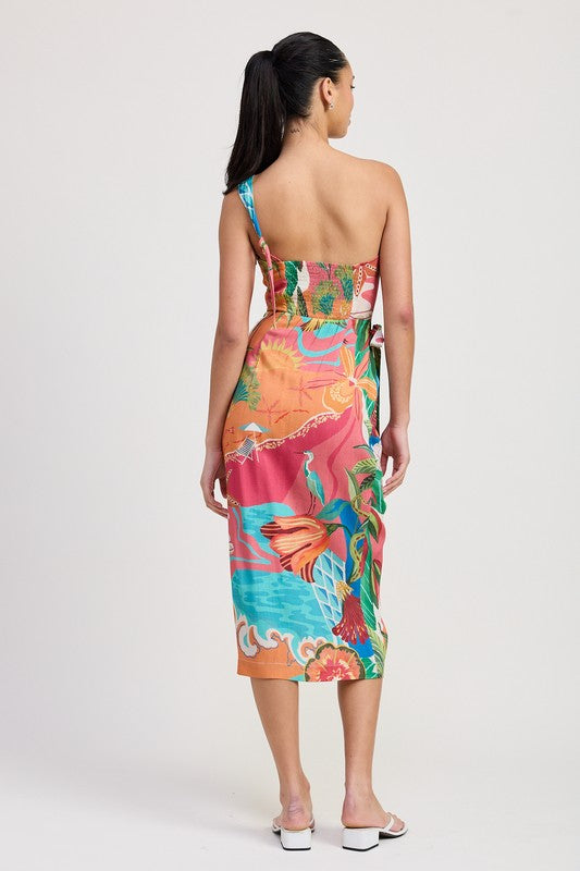 TROPICAL ONE SHOULDER WRAPPED MIDI DRESS