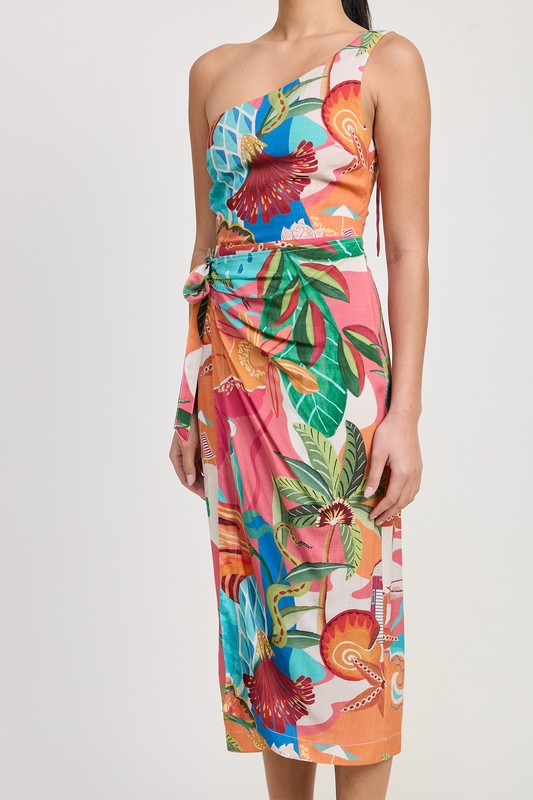 TROPICAL ONE SHOULDER WRAPPED MIDI DRESS