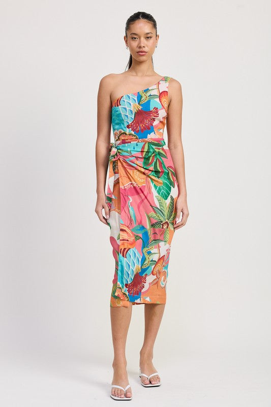 TROPICAL ONE SHOULDER WRAPPED MIDI DRESS