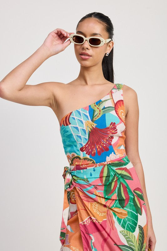 TROPICAL ONE SHOULDER WRAPPED MIDI DRESS